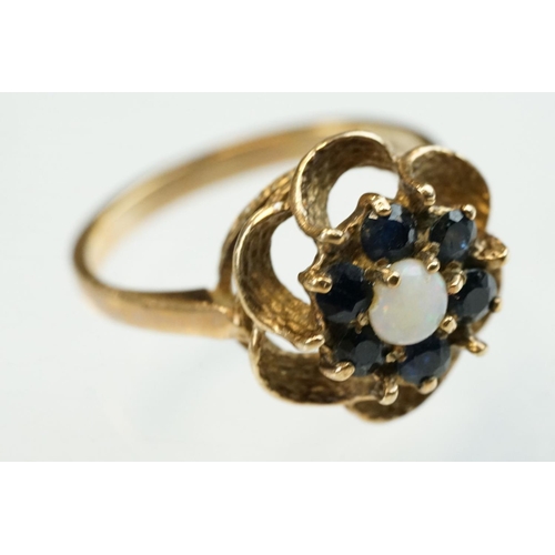 190 - Opal and sapphire 9ct yellow gold flower head ring, size N½; together with a late Victorian 9ct gold... 