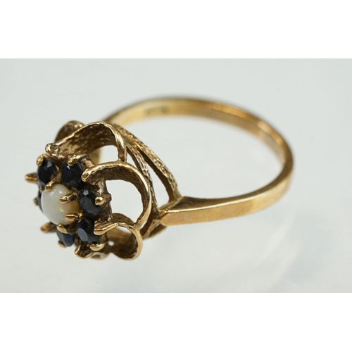 190 - Opal and sapphire 9ct yellow gold flower head ring, size N½; together with a late Victorian 9ct gold... 