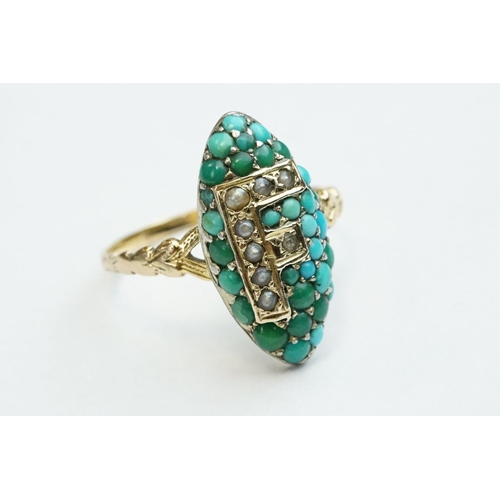 197 - Turquoise and seed pearl yellow metal ring, the marquise head full set with graduated round cabochon... 