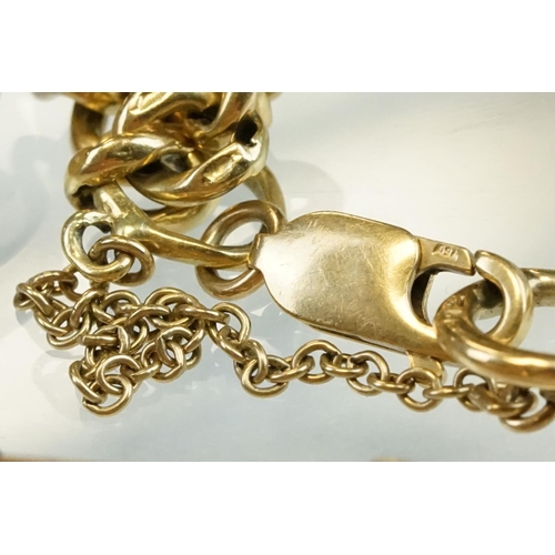 212 - 18ct yellow gold belcher link bracelet, some links stamped 18ct, lobster clasp, two 9ct gold charms,... 