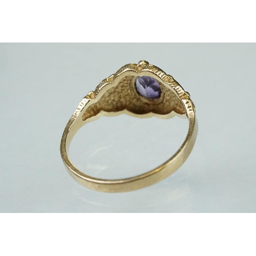 215 - Amethyst and cubic zirconia 9ct yellow gold three stone ring, size P½; an amethyst 9ct yellow gold d... 