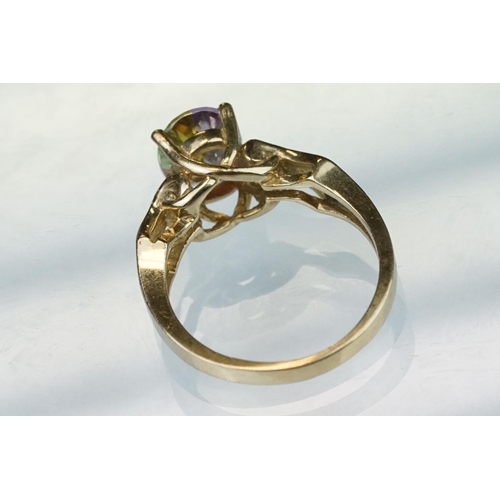 223 - Fancy stone diamond 10ct yellow gold ring, a small round brilliant cut diamond to each shoulder, scr... 