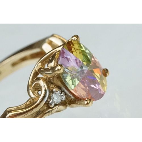 223 - Fancy stone diamond 10ct yellow gold ring, a small round brilliant cut diamond to each shoulder, scr... 