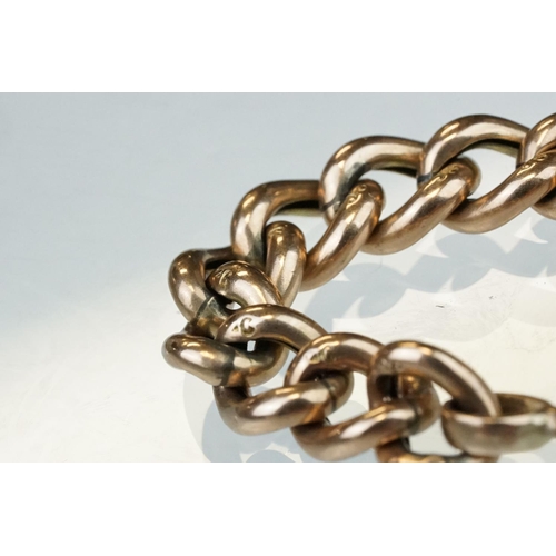 224 - Rose metal curb link bracelet, bolt ring clasp, each link indistinctly stamped