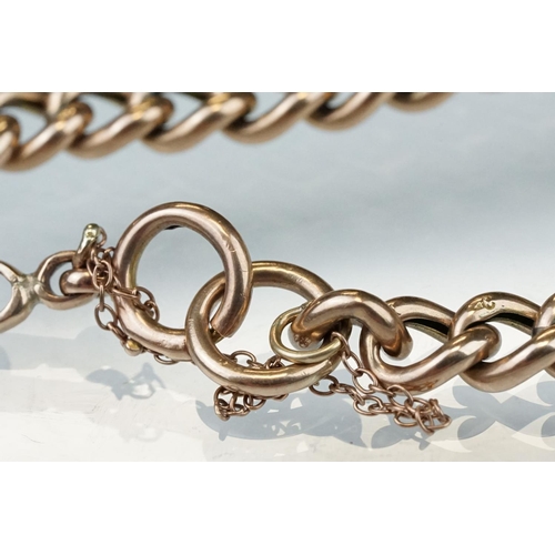 224 - Rose metal curb link bracelet, bolt ring clasp, each link indistinctly stamped