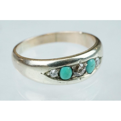 225 - Early 20th century turquoise and diamond 15ct gold ring, three graduated small old cut diamonds, two... 