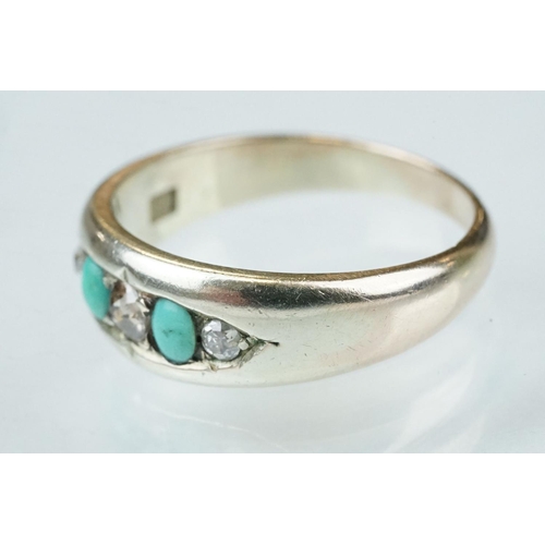 225 - Early 20th century turquoise and diamond 15ct gold ring, three graduated small old cut diamonds, two... 