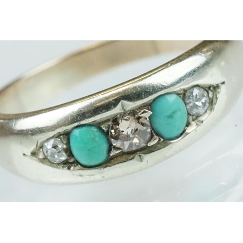 225 - Early 20th century turquoise and diamond 15ct gold ring, three graduated small old cut diamonds, two... 