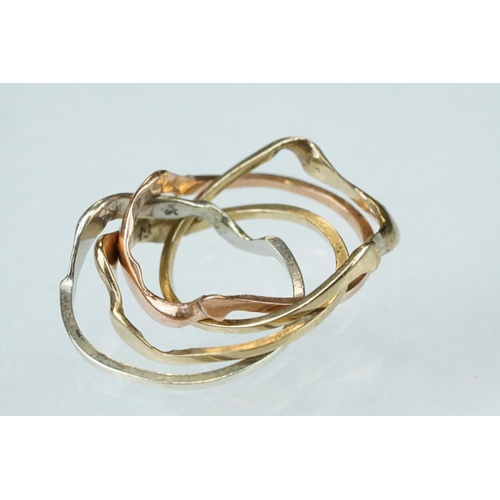 235 - Tri colour 9ct gold interlocking ring, yellow, white and rose gold, knot, style, ring size M½