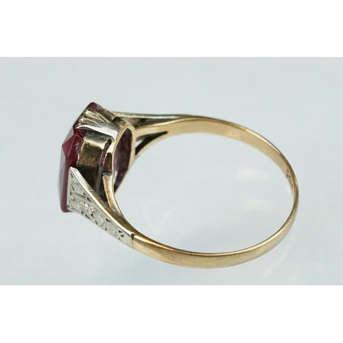 242 - Synthetic ruby 9ct gold dress ring, size L½; paste 9ct yellow gold dress ring, size O together with ... 