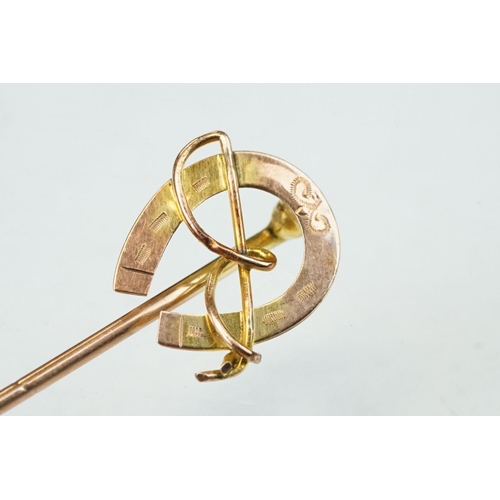 244 - Victorian diamond and pearl yellow and rose metal stick pin modelled as a sprig, small freshwater pe... 