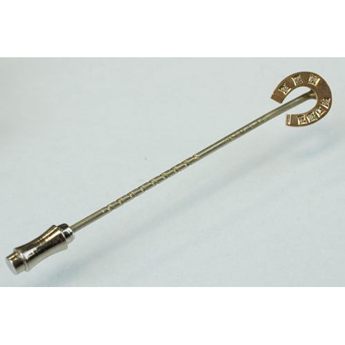 244 - Victorian diamond and pearl yellow and rose metal stick pin modelled as a sprig, small freshwater pe... 