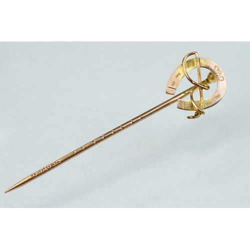 244 - Victorian diamond and pearl yellow and rose metal stick pin modelled as a sprig, small freshwater pe... 