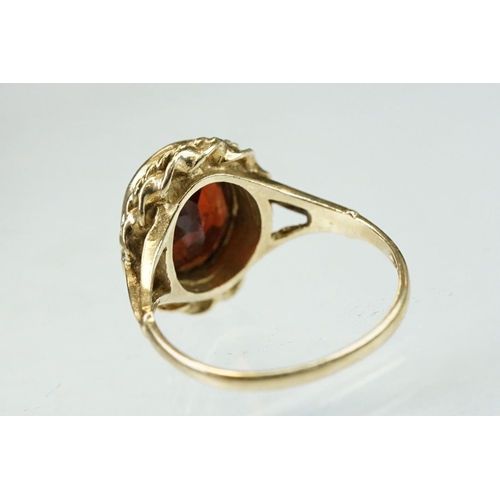 250 - Garnet 9ct yellow gold dress ring, size L; precious white opal 9ct rose gold dress ring, size L½ and... 