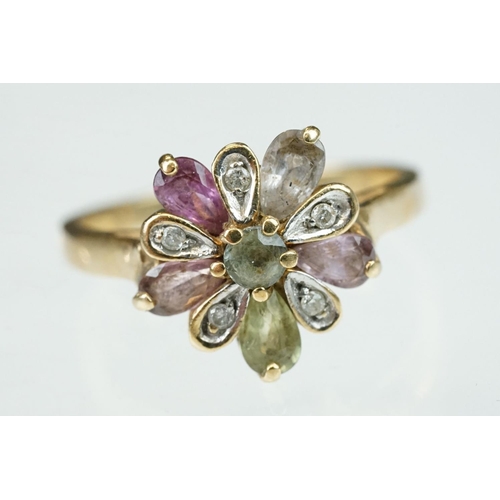 251 - Amethyst, quartz, prasiolite, pink stone and diamond 9ct yellow gold flower head ring, diameter of h... 