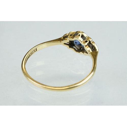 254 - Early 20th century sapphire and diamond 18ct yellow gold and platinum set ring, two square mixed cut... 