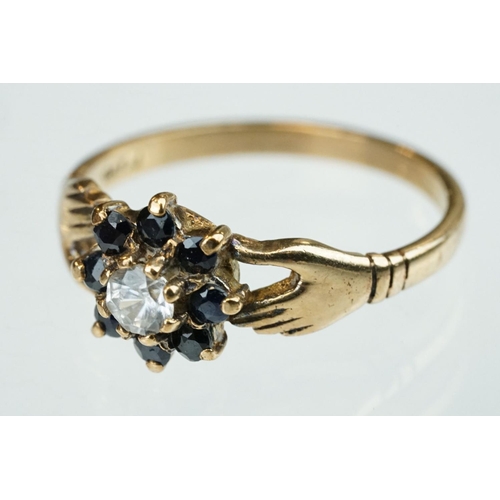 255 - White stone solitaire 9ct yellow gold ring, size N½; blue topaz and diamond 10ct yellow gold ring, t... 