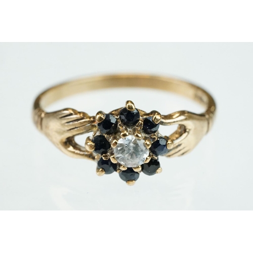 255 - White stone solitaire 9ct yellow gold ring, size N½; blue topaz and diamond 10ct yellow gold ring, t... 