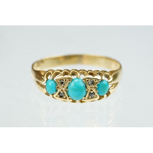 162 - Turquoise and diamond 18ct yellow gold boat head ring, three oval cabochon cut turquoise stones, cla... 