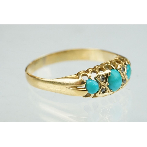 162 - Turquoise and diamond 18ct yellow gold boat head ring, three oval cabochon cut turquoise stones, cla... 