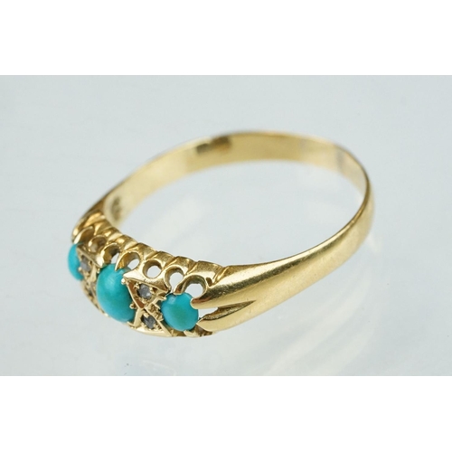 162 - Turquoise and diamond 18ct yellow gold boat head ring, three oval cabochon cut turquoise stones, cla... 