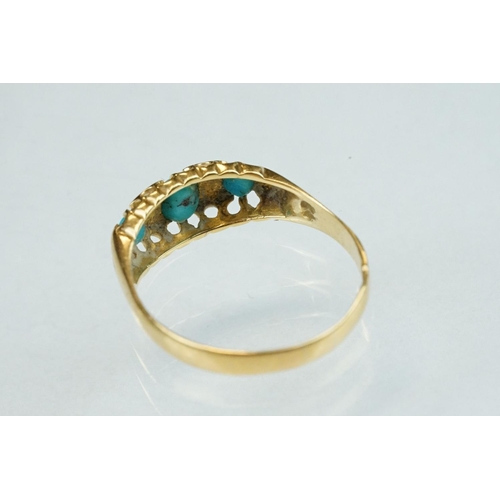 162 - Turquoise and diamond 18ct yellow gold boat head ring, three oval cabochon cut turquoise stones, cla... 