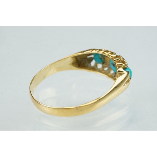 162 - Turquoise and diamond 18ct yellow gold boat head ring, three oval cabochon cut turquoise stones, cla... 