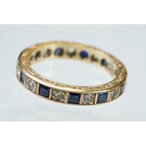 165 - Sapphire and white stone 9ct yellow gold eternity ring, alternate square mixed cut diamonds, round m... 