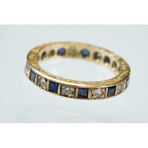 165 - Sapphire and white stone 9ct yellow gold eternity ring, alternate square mixed cut diamonds, round m... 