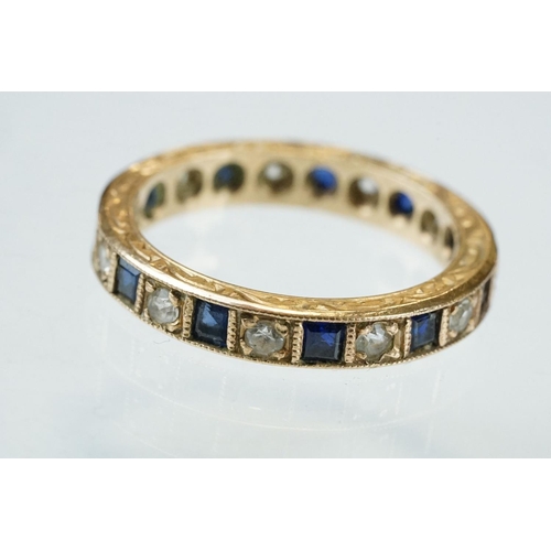 165 - Sapphire and white stone 9ct yellow gold eternity ring, alternate square mixed cut diamonds, round m... 