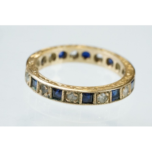 165 - Sapphire and white stone 9ct yellow gold eternity ring, alternate square mixed cut diamonds, round m... 