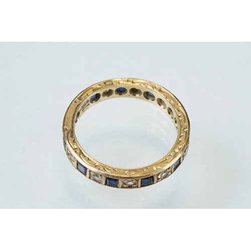 165 - Sapphire and white stone 9ct yellow gold eternity ring, alternate square mixed cut diamonds, round m... 