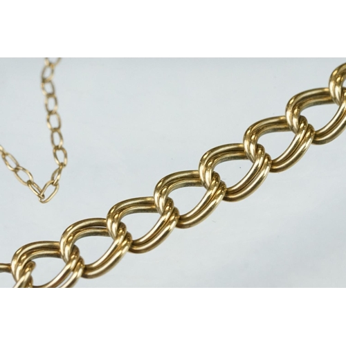 169 - 9ct yellow gold double link curb link bracelet, bolt ring clasp, safety chain, length approx 19.5 cm