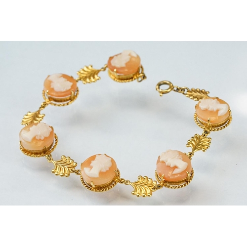 173 - Shell cameo 9ct yellow gold bracelet, six round cameo panels each depicting a female head, claw sett... 