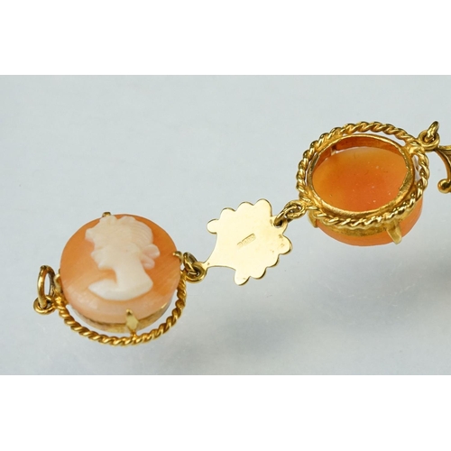 173 - Shell cameo 9ct yellow gold bracelet, six round cameo panels each depicting a female head, claw sett... 