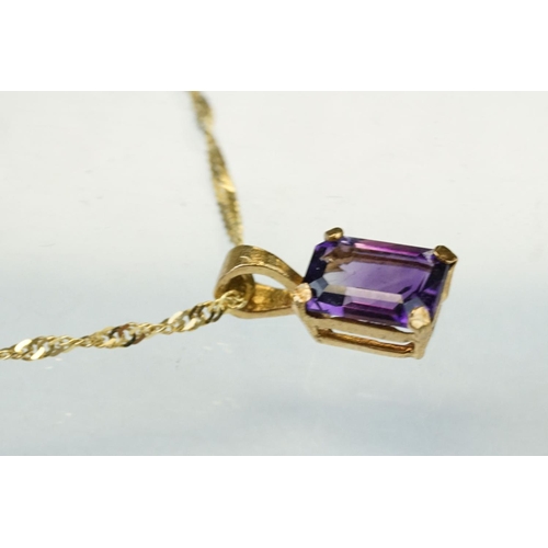 176 - Amethyst 9ct yellow gold pendant necklace, the rectangular cut amethyst measuring approx 7mm x 5mm, ... 