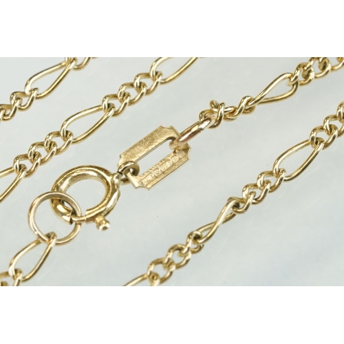 180 - 9ct yellow gold figaro link chain, bolt ring clasp, length approx 40cm; together with a pair of blis... 