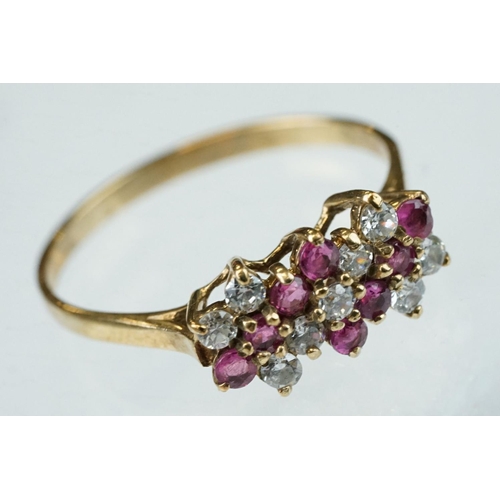 263 - Ruby and white stone unmarked gold dress ring (hallmarks rubbed) ring size Q; sapphire and diamond 9... 