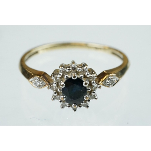 263 - Ruby and white stone unmarked gold dress ring (hallmarks rubbed) ring size Q; sapphire and diamond 9... 