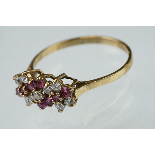 263 - Ruby and white stone unmarked gold dress ring (hallmarks rubbed) ring size Q; sapphire and diamond 9... 