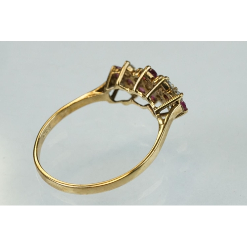 263 - Ruby and white stone unmarked gold dress ring (hallmarks rubbed) ring size Q; sapphire and diamond 9... 