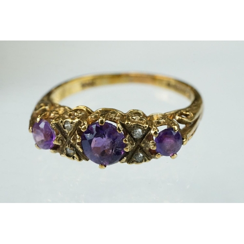 263 - Ruby and white stone unmarked gold dress ring (hallmarks rubbed) ring size Q; sapphire and diamond 9... 