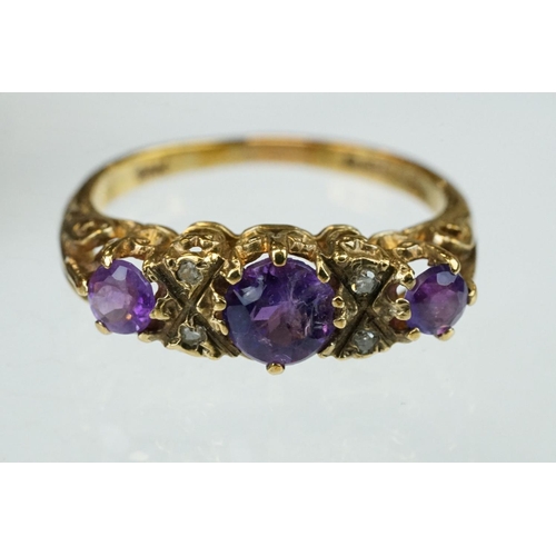 263 - Ruby and white stone unmarked gold dress ring (hallmarks rubbed) ring size Q; sapphire and diamond 9... 