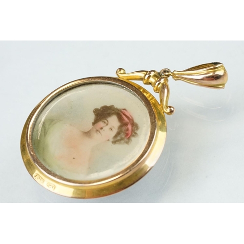 276 - 9ct yellow and rose gold portrait pendant fob, glazed panel verso, diameter approx 3cm; together wit... 