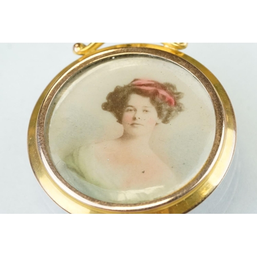 276 - 9ct yellow and rose gold portrait pendant fob, glazed panel verso, diameter approx 3cm; together wit... 