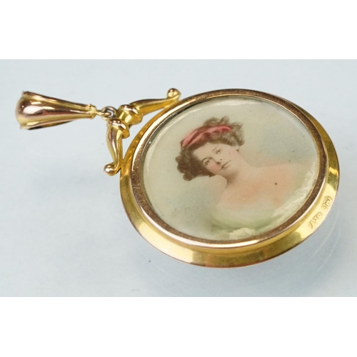 276 - 9ct yellow and rose gold portrait pendant fob, glazed panel verso, diameter approx 3cm; together wit... 