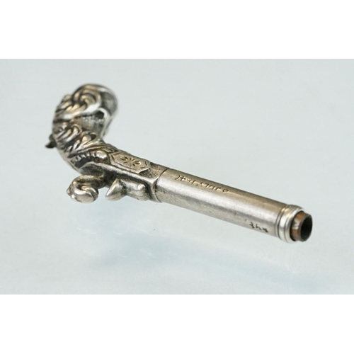 282 - Sampson Mordan white metal novelty propelling pencil modelled as a pistol, the shaft engraved 8 July... 