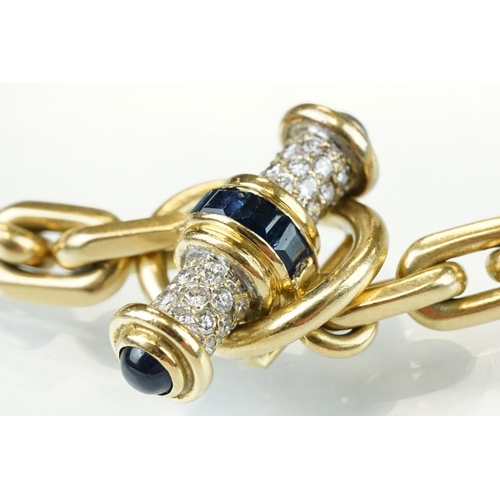 31 - Sapphire and diamond 18ct yellow gold belcher link necklace, the pendant with seven square mixed cut... 