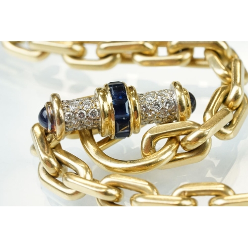 31 - Sapphire and diamond 18ct yellow gold belcher link necklace, the pendant with seven square mixed cut... 