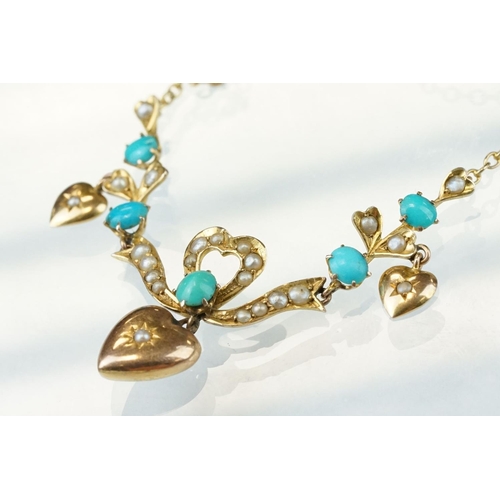 32 - Victorian turquoise and split pearl unmarked gold necklace, ribbon and bow design set with graduated... 